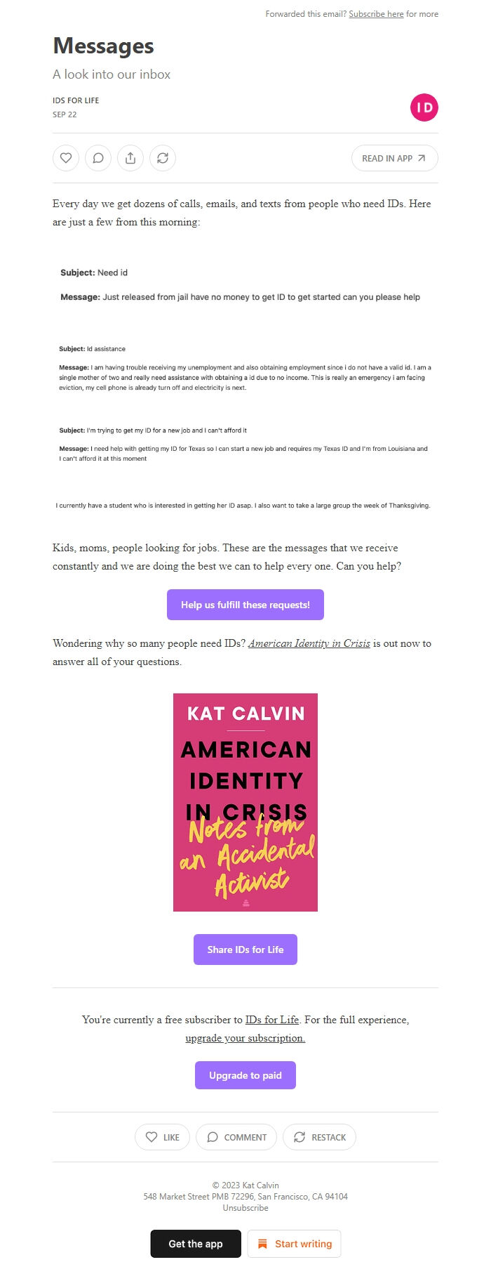 Screenshot of the email generated on import