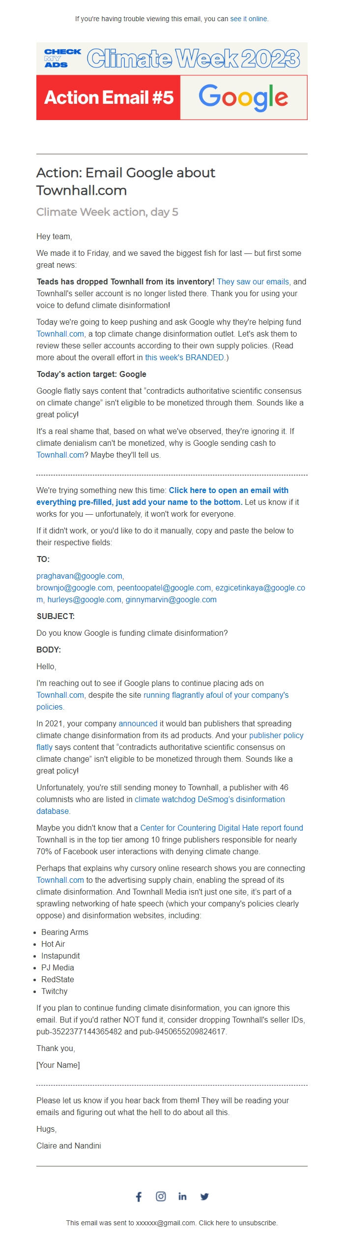 Screenshot of the email generated on import