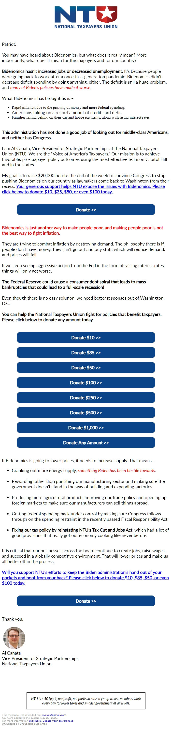 Screenshot of the email generated on import