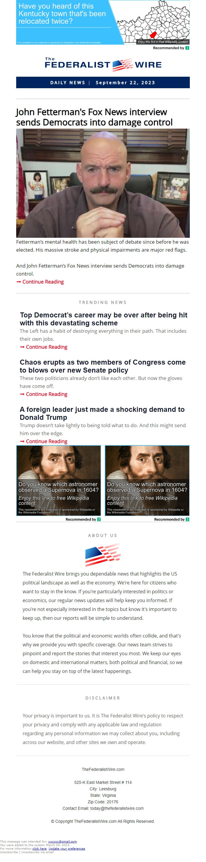 Screenshot of the email generated on import