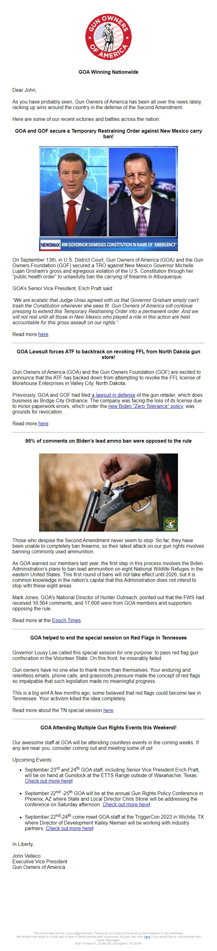 Screenshot of the email generated on import