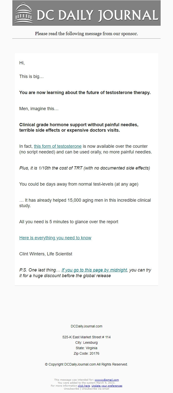 Screenshot of the email generated on import