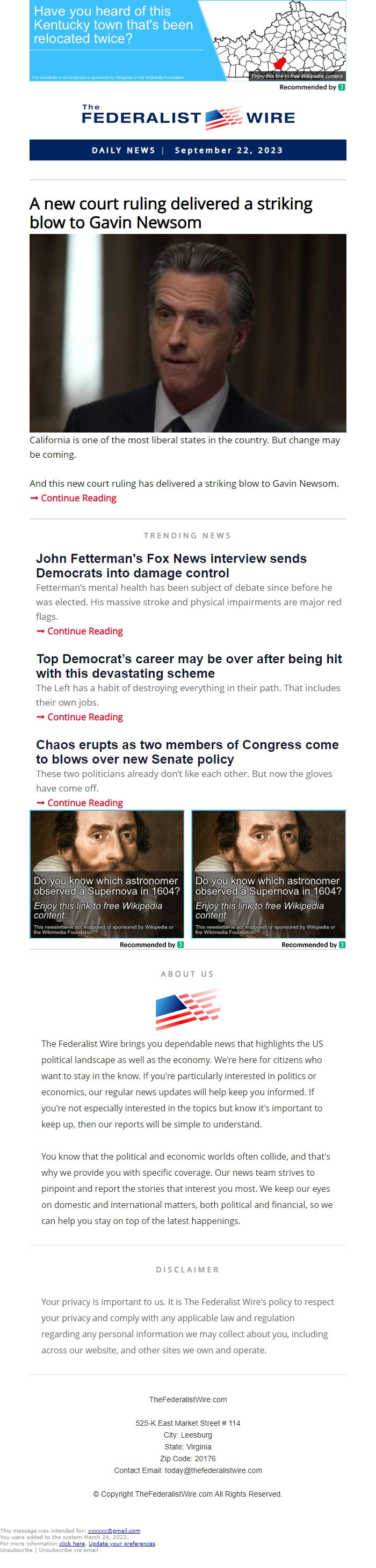 Screenshot of the email generated on import