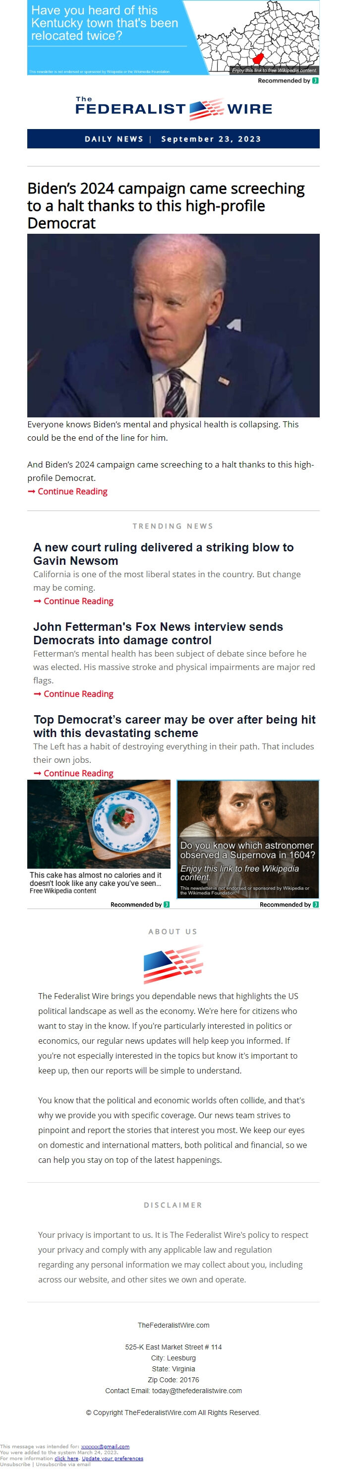 Screenshot of the email generated on import