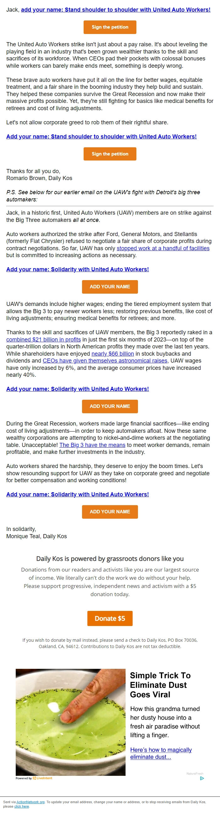 Screenshot of the email generated on import
