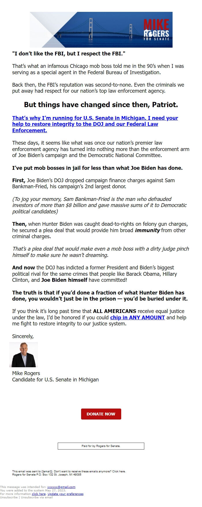 Screenshot of the email generated on import