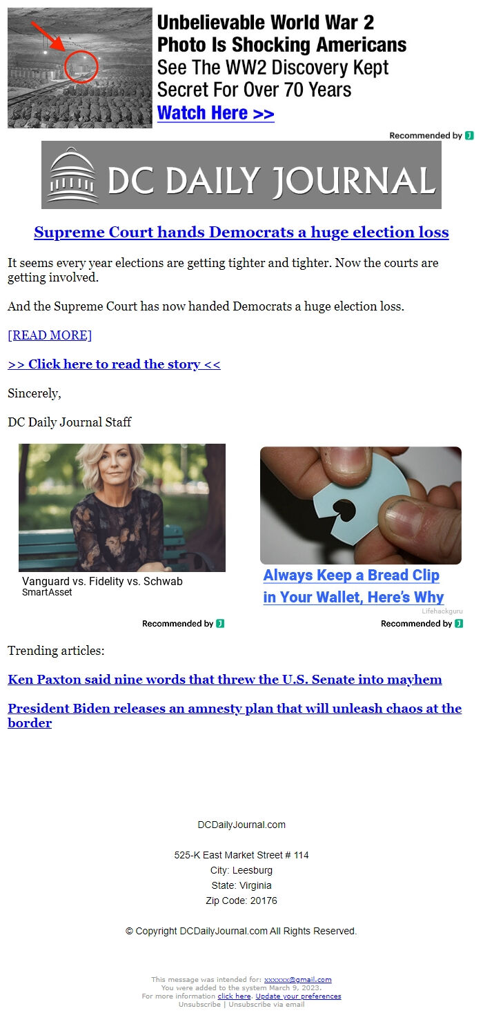 Screenshot of the email generated on import