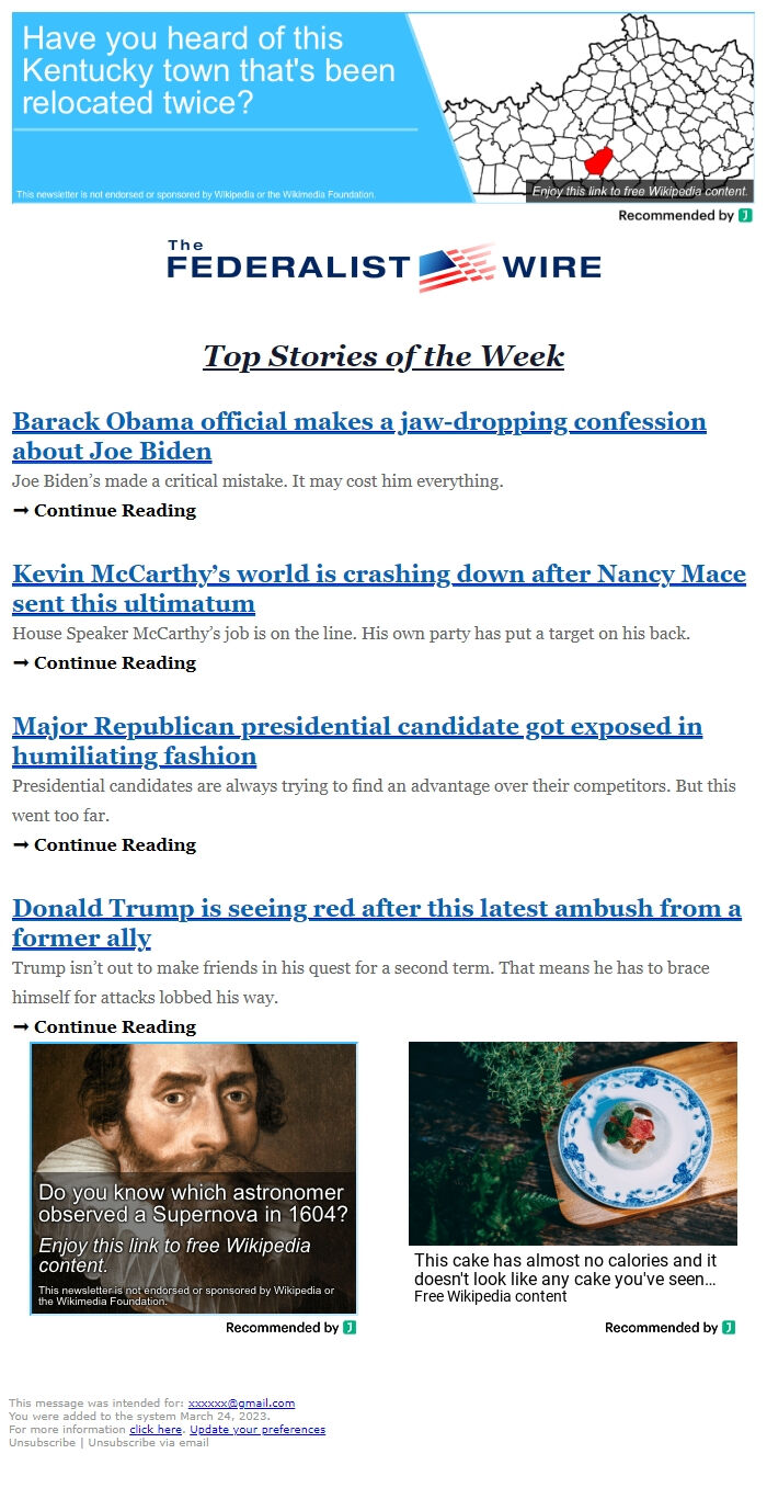 Screenshot of the email generated on import