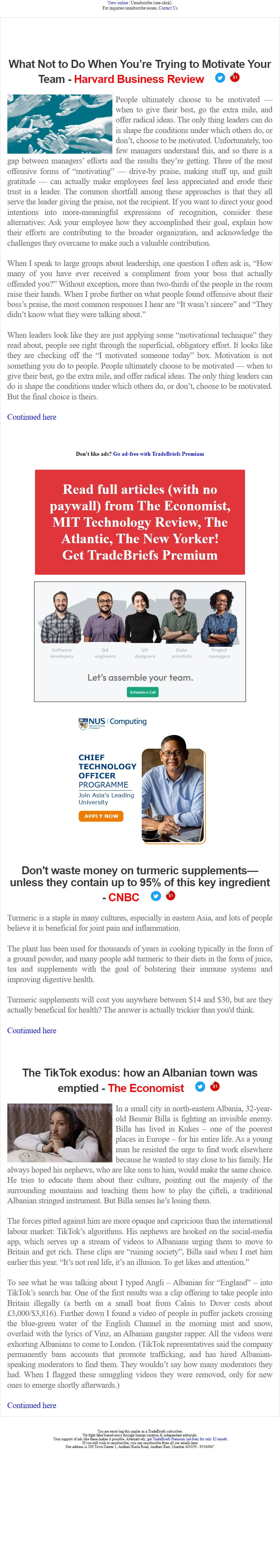 Screenshot of the email generated on import