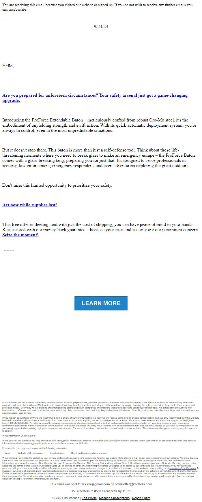 Screenshot of the email generated on import