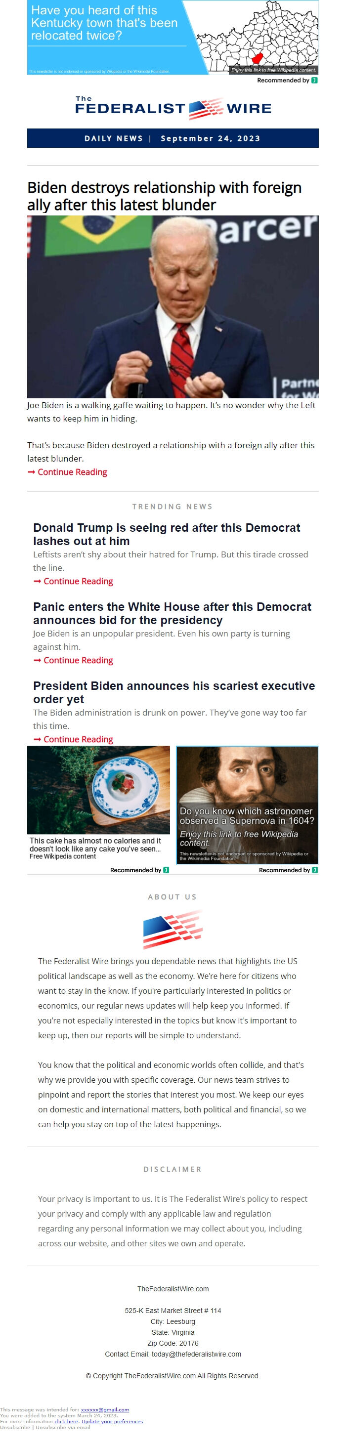 Screenshot of the email generated on import
