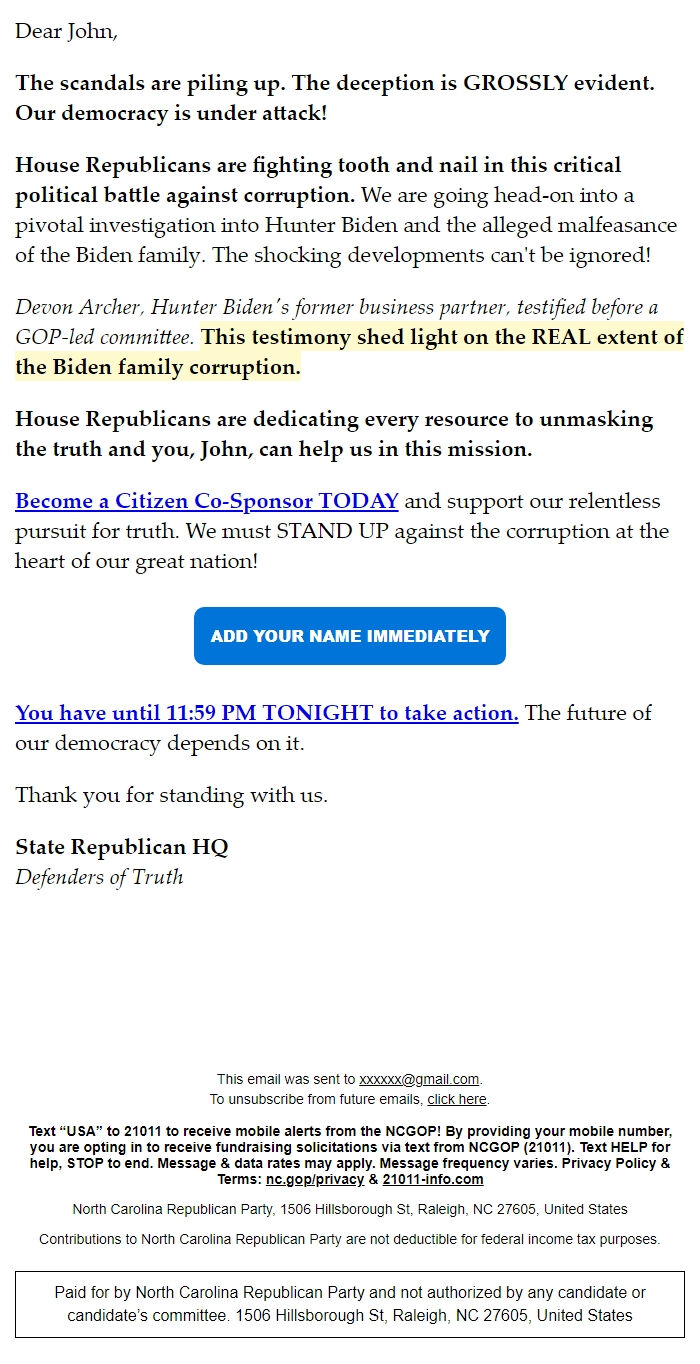 Screenshot of the email generated on import