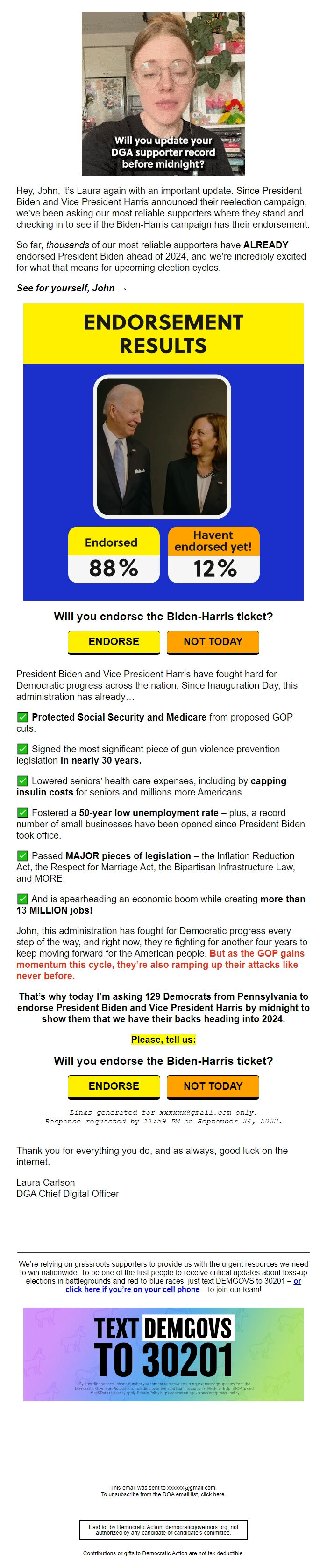Screenshot of the email generated on import