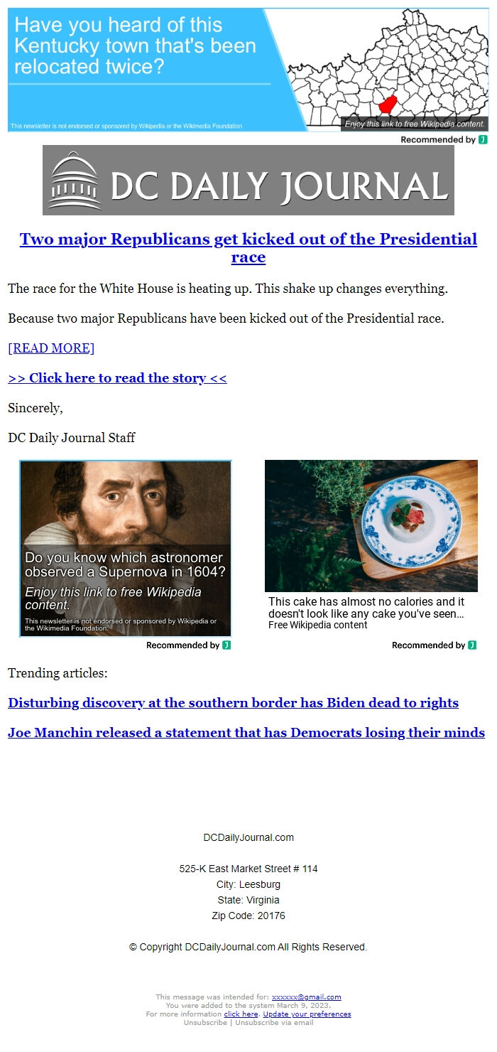 Screenshot of the email generated on import