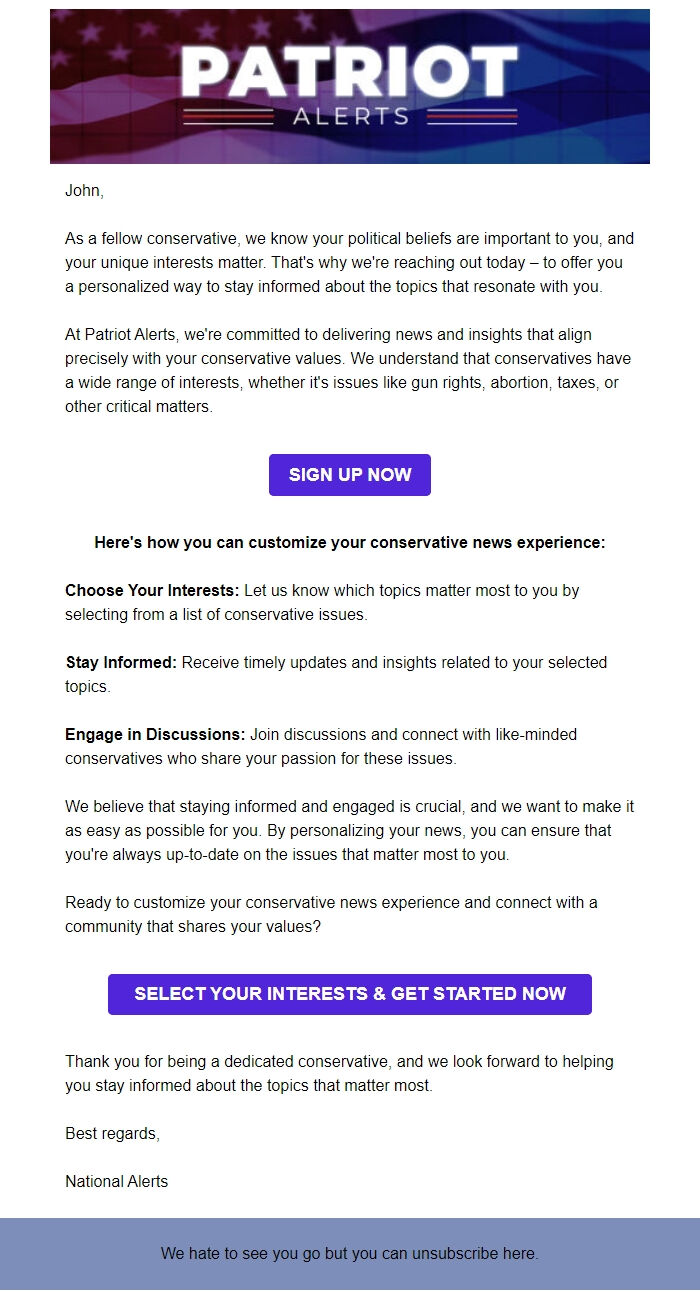 Screenshot of the email generated on import