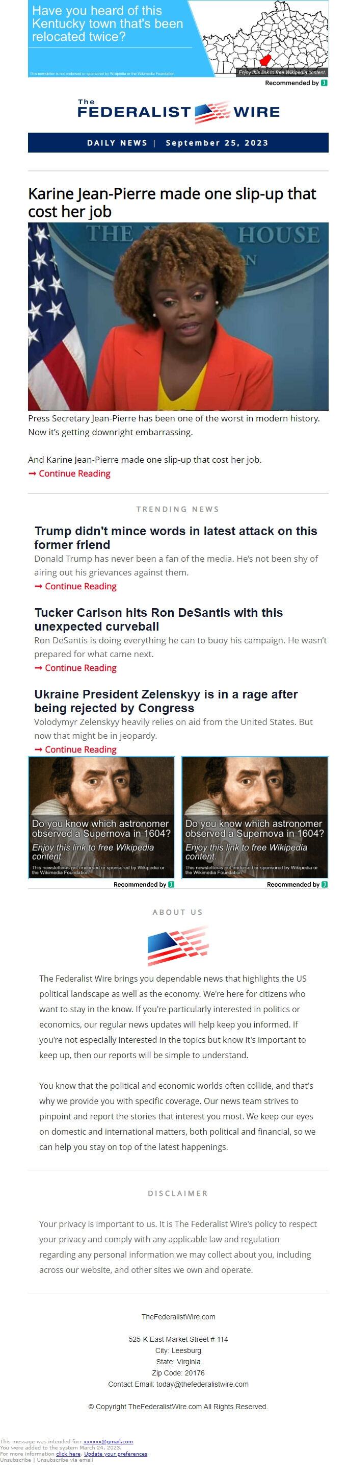 Screenshot of the email generated on import