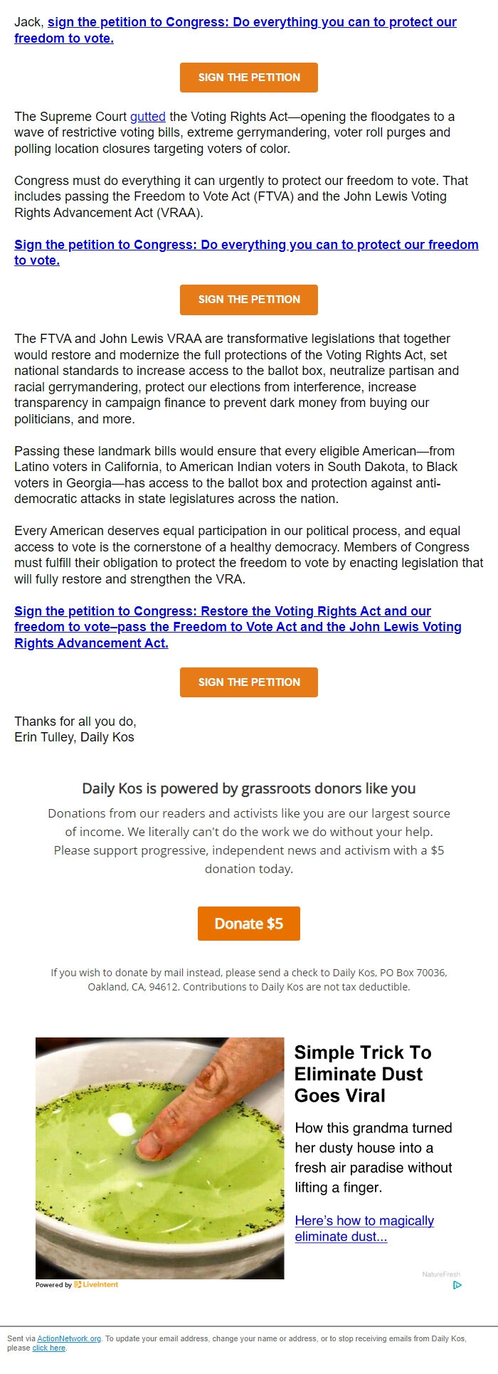 Screenshot of the email generated on import