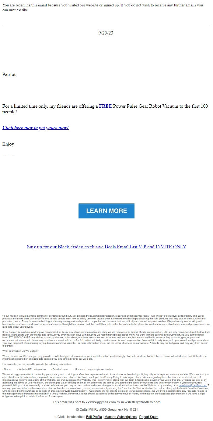 Screenshot of the email generated on import