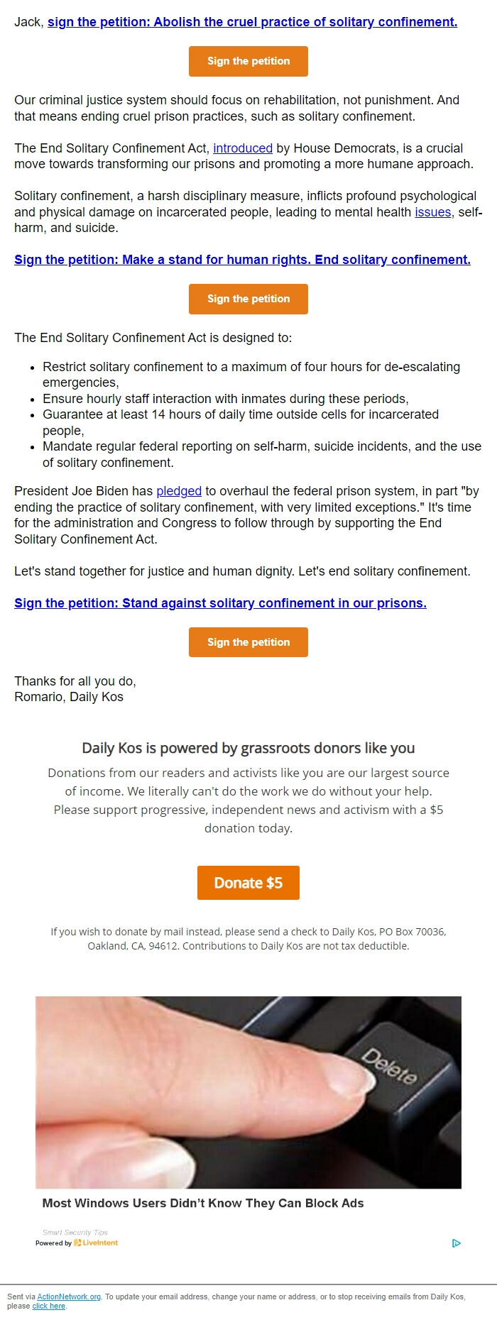 Screenshot of the email generated on import