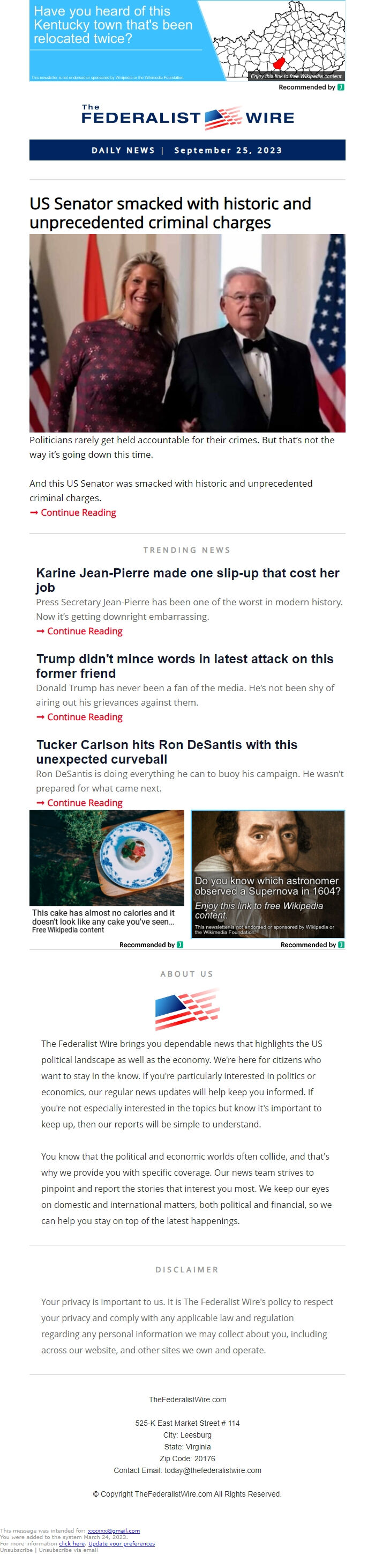 Screenshot of the email generated on import