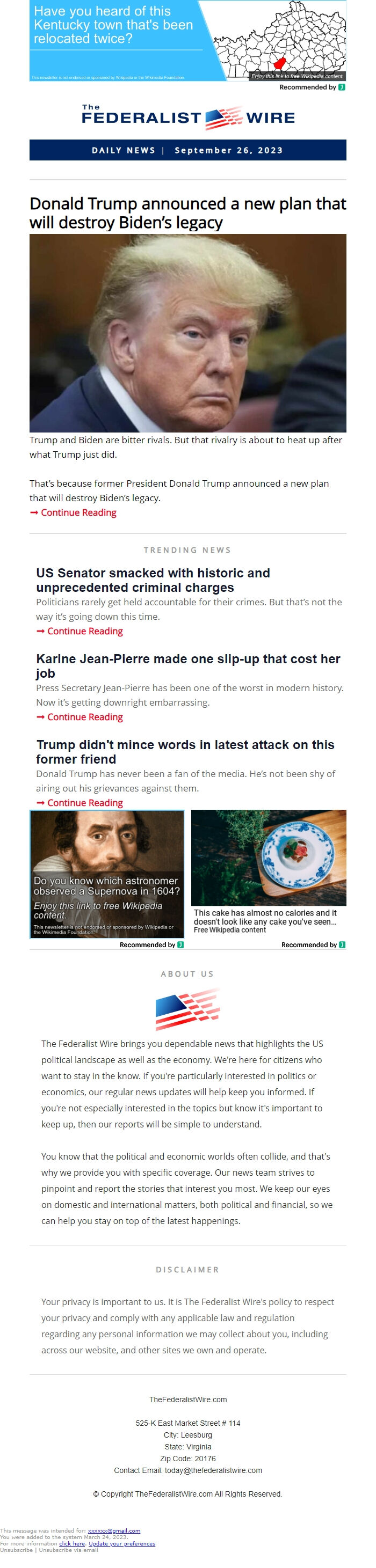 Screenshot of the email generated on import
