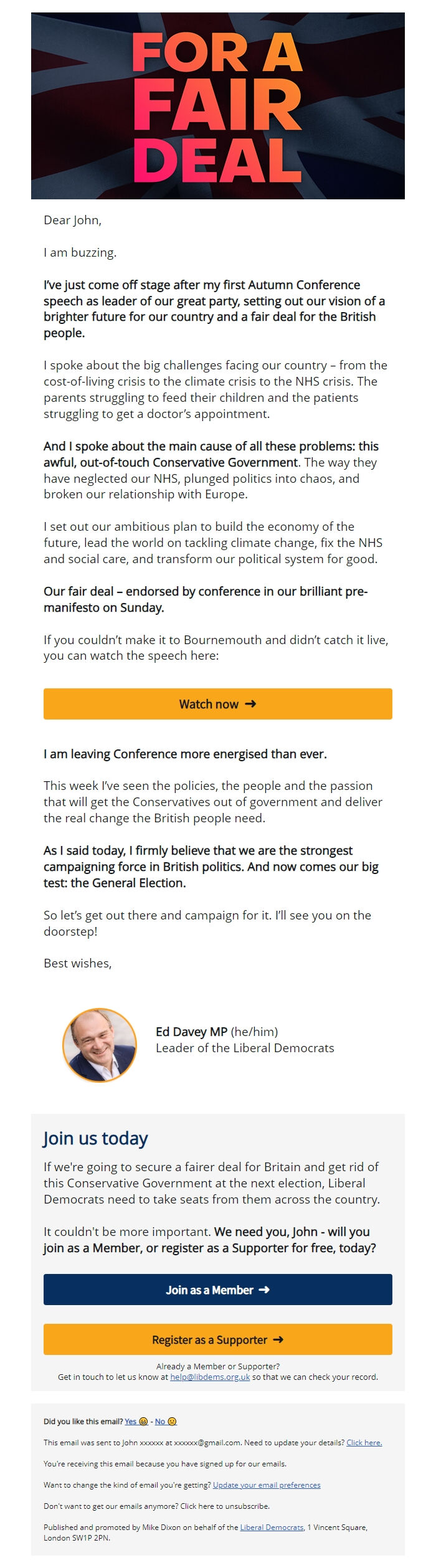 Screenshot of the email generated on import
