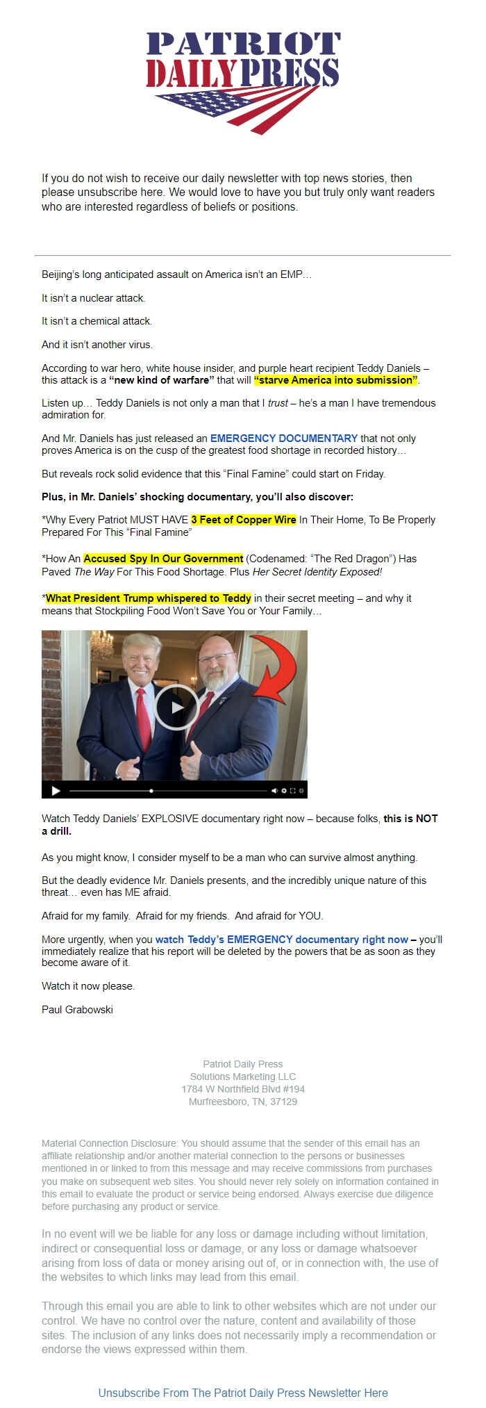Screenshot of the email generated on import