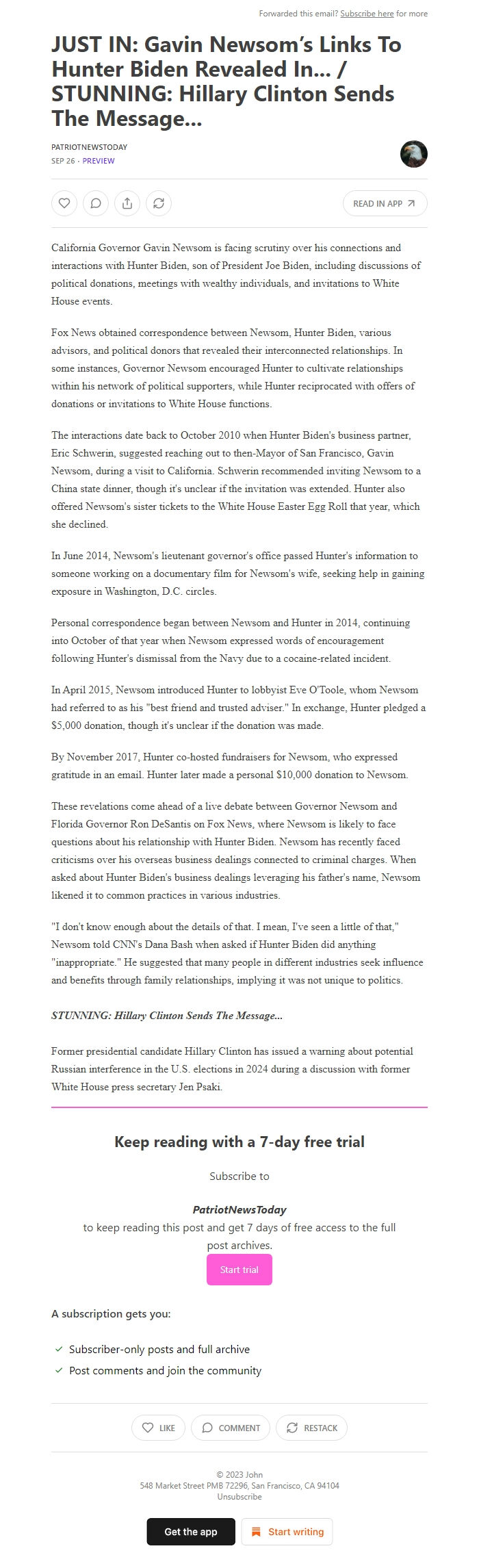 Screenshot of the email generated on import