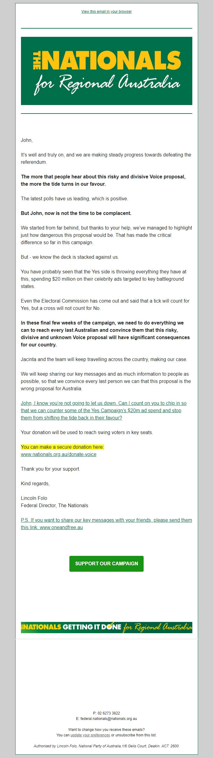 Screenshot of the email generated on import