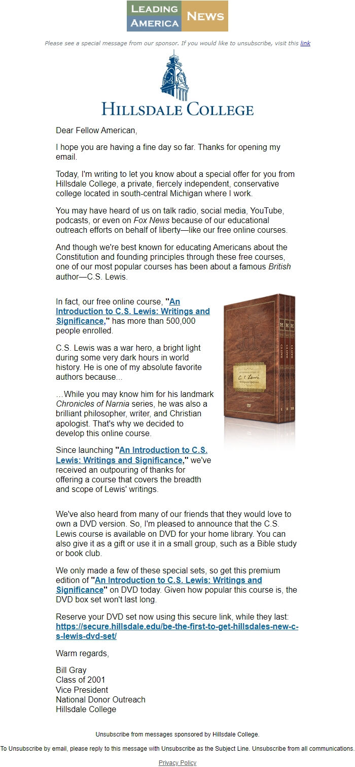 Screenshot of the email generated on import