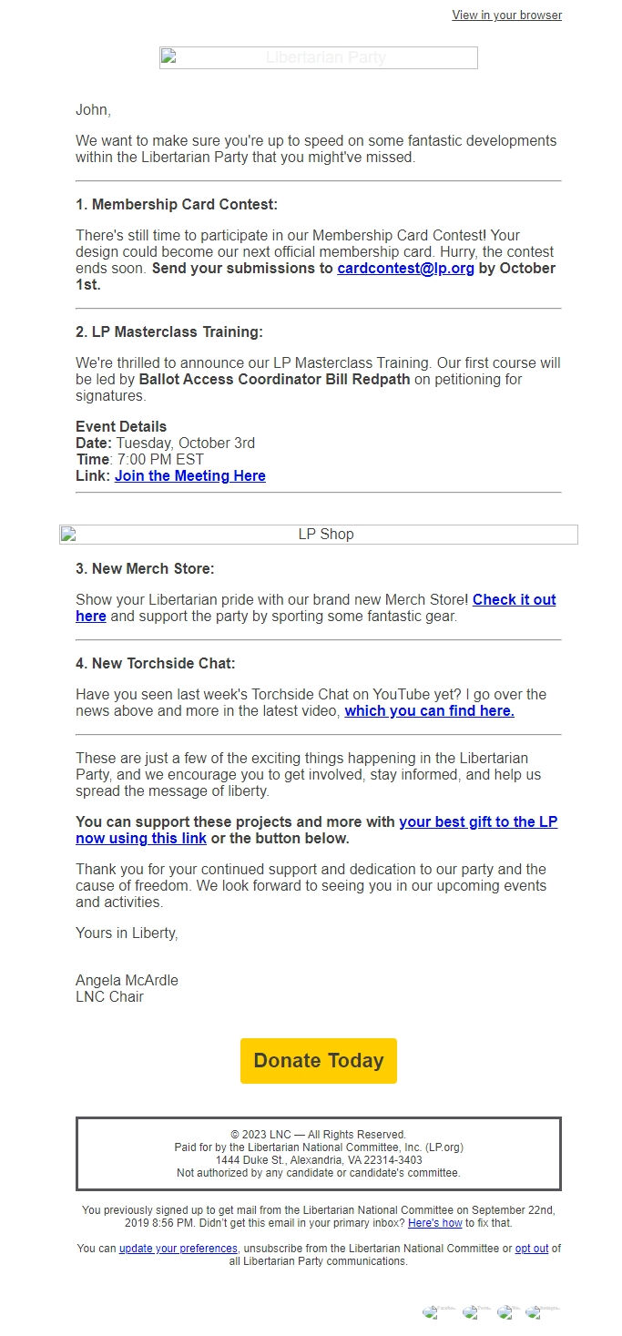 Screenshot of the email generated on import