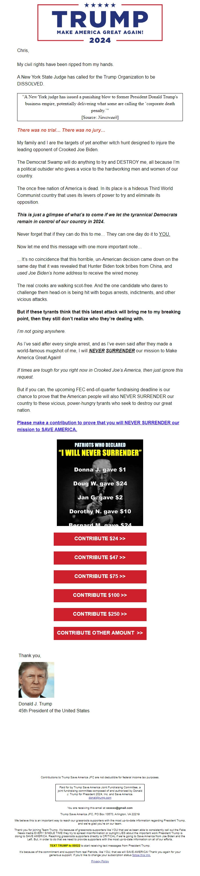 Screenshot of the email generated on import