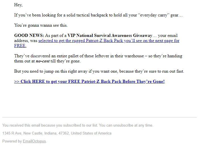 Screenshot of the email generated on import