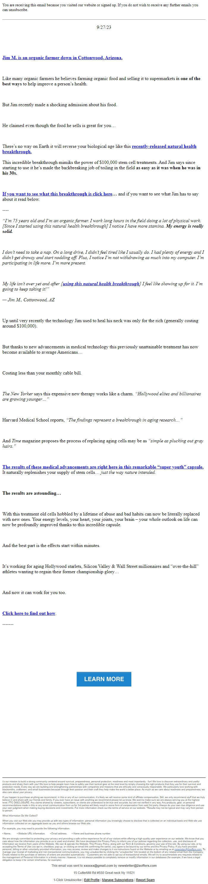 Screenshot of the email generated on import