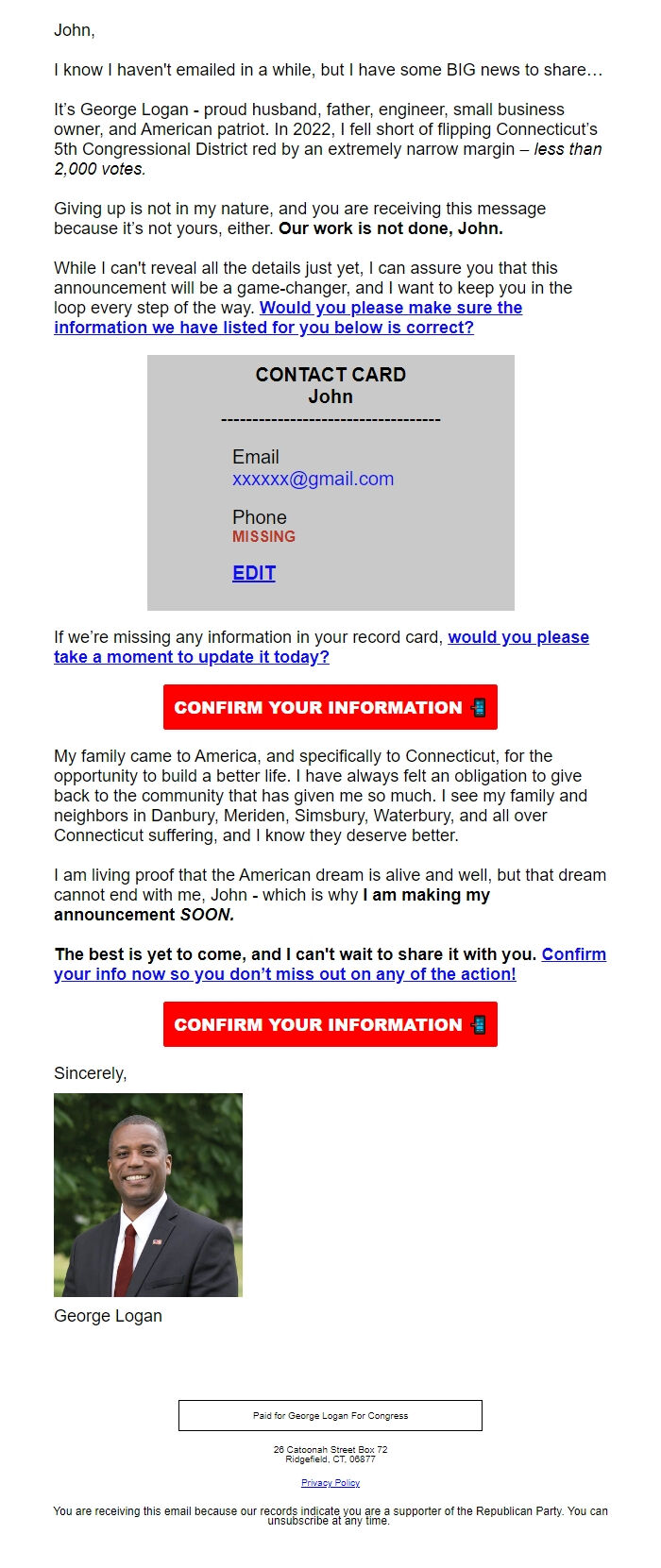 Screenshot of the email generated on import