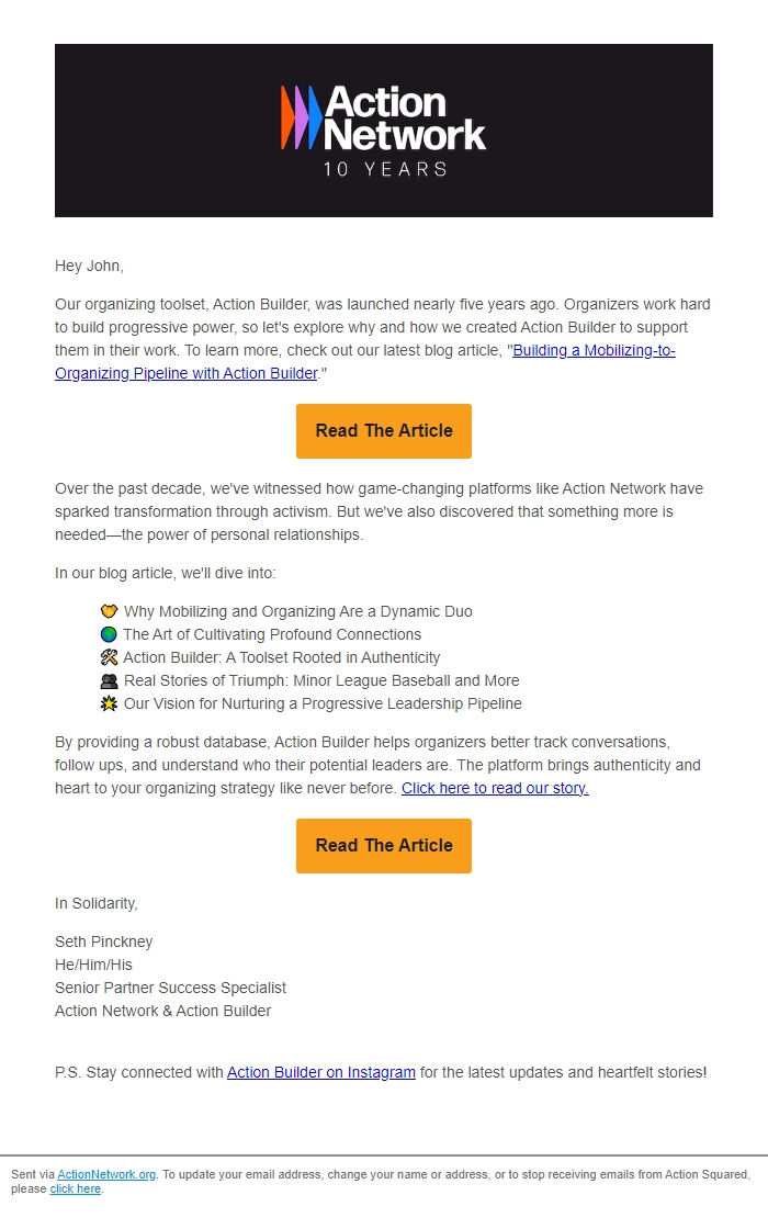 Screenshot of the email generated on import