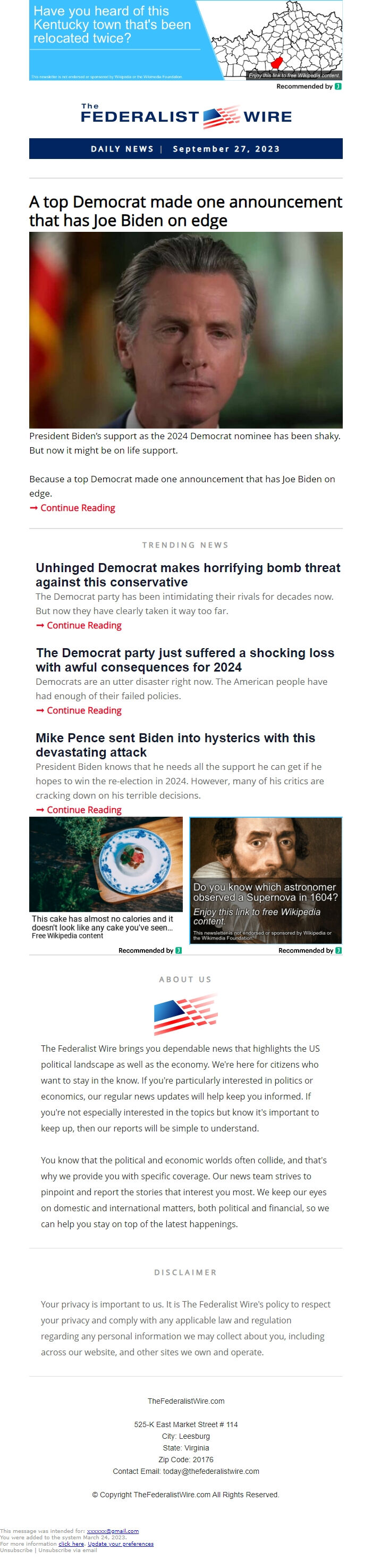 Screenshot of the email generated on import
