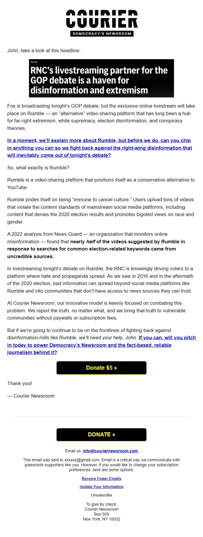 Screenshot of the email generated on import
