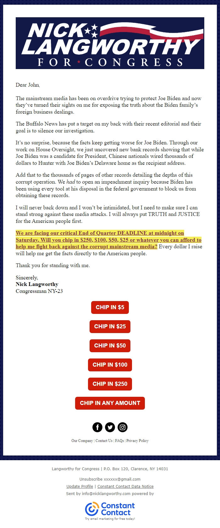 Screenshot of the email generated on import
