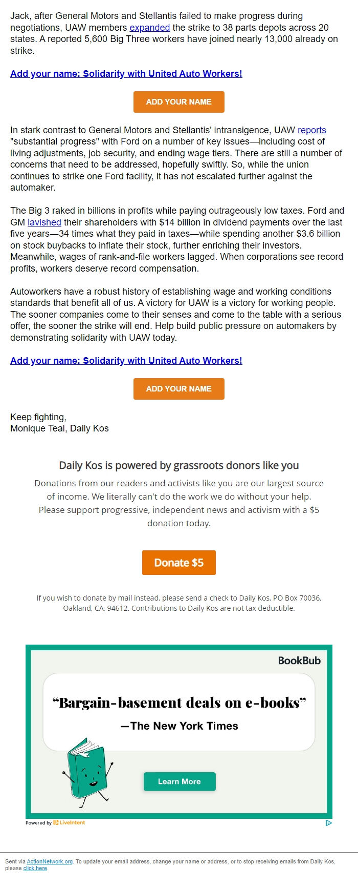 Screenshot of the email generated on import