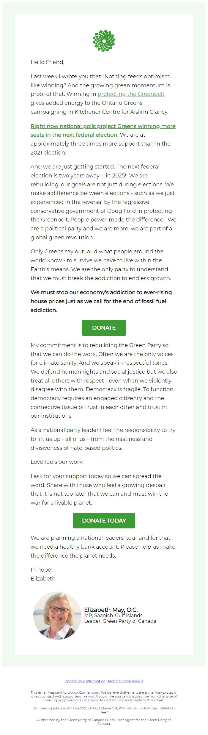 Screenshot of the email generated on import