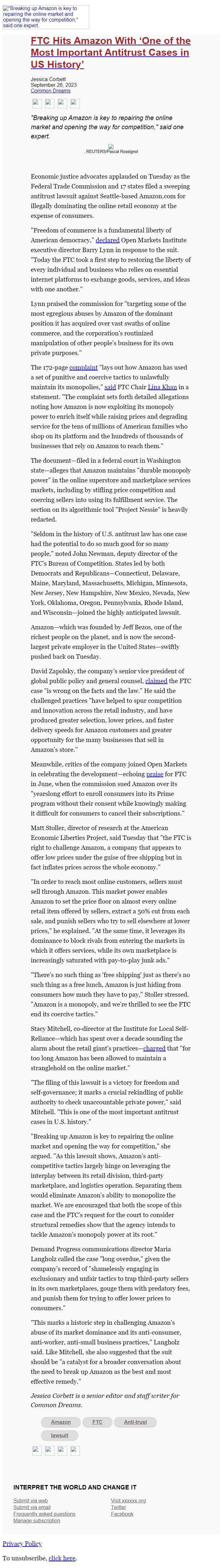 Screenshot of the email generated on import
