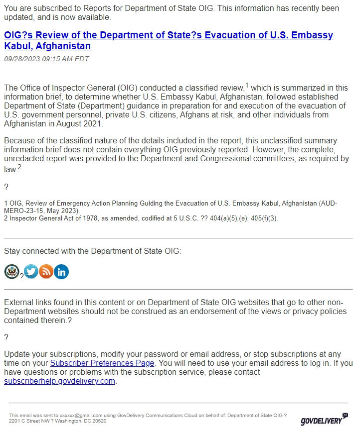 Screenshot of the email generated on import