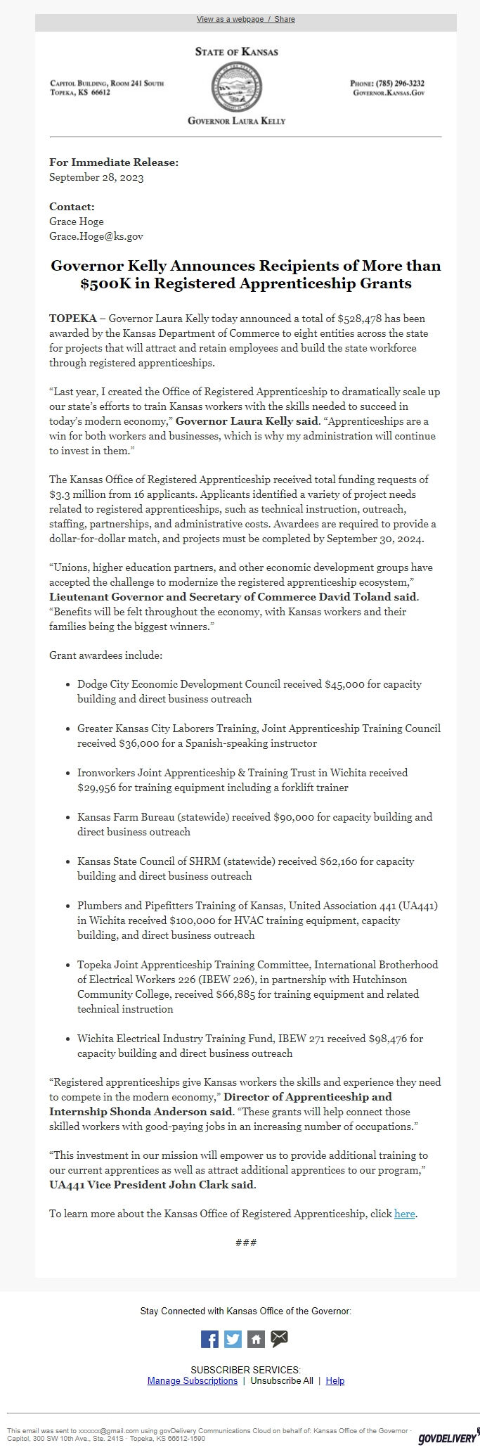 Screenshot of the email generated on import