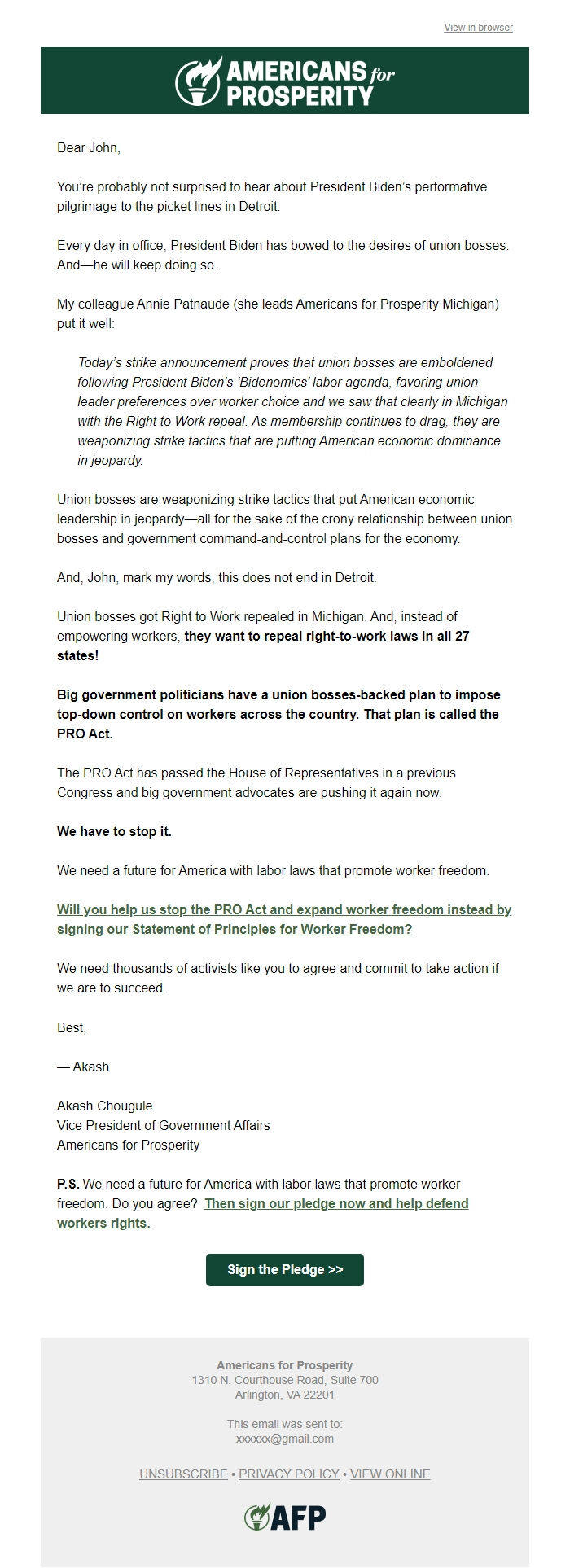 Screenshot of the email generated on import