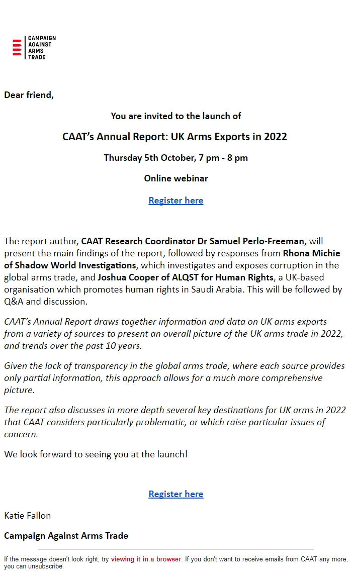 Screenshot of the email generated on import