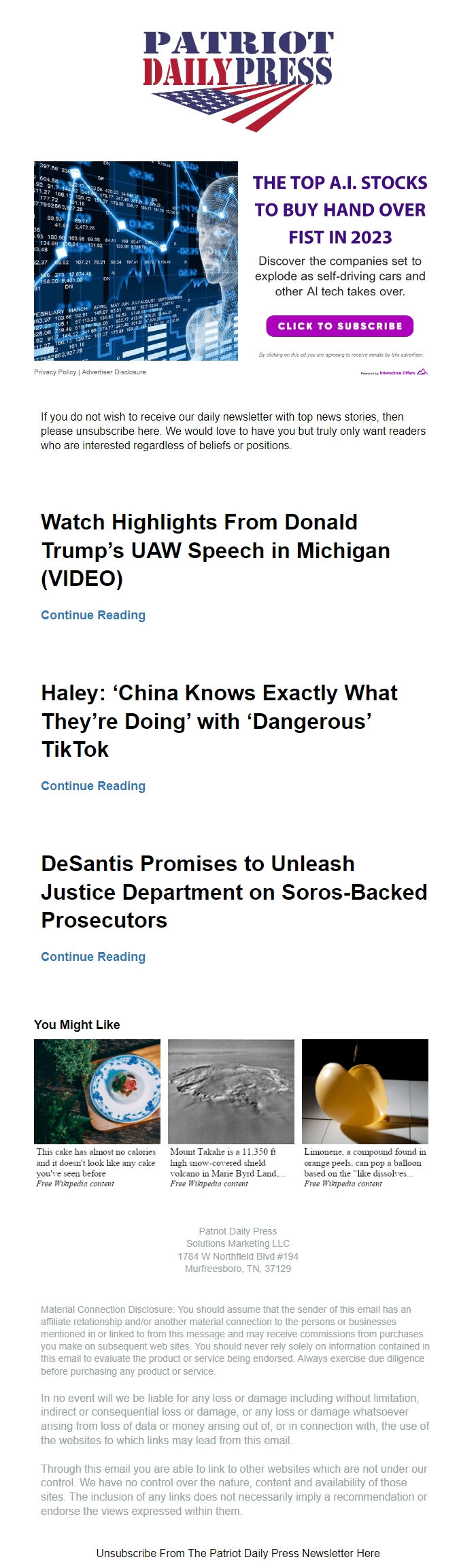 Screenshot of the email generated on import