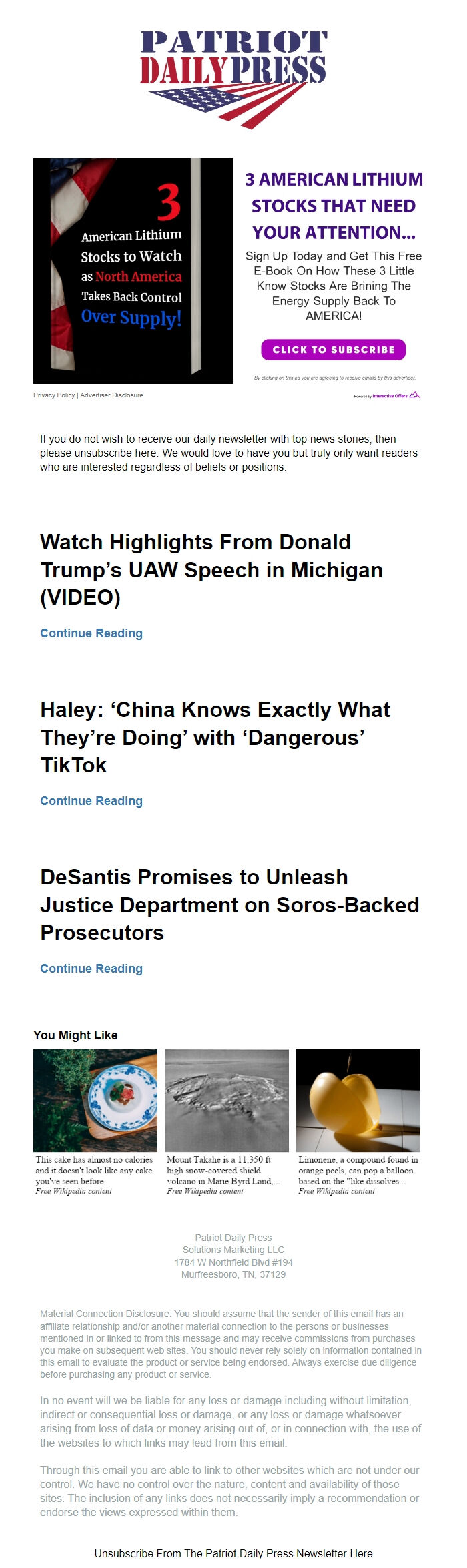 Screenshot of the email generated on import