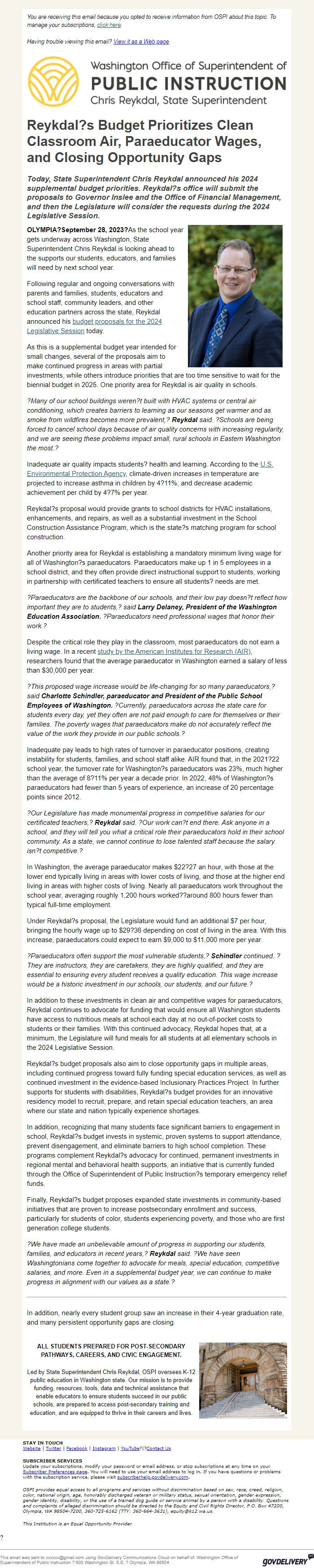 Screenshot of the email generated on import