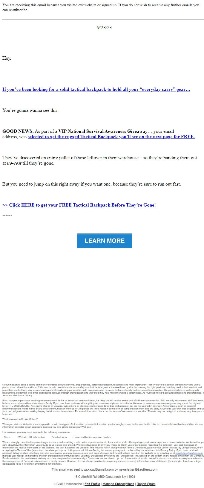 Screenshot of the email generated on import